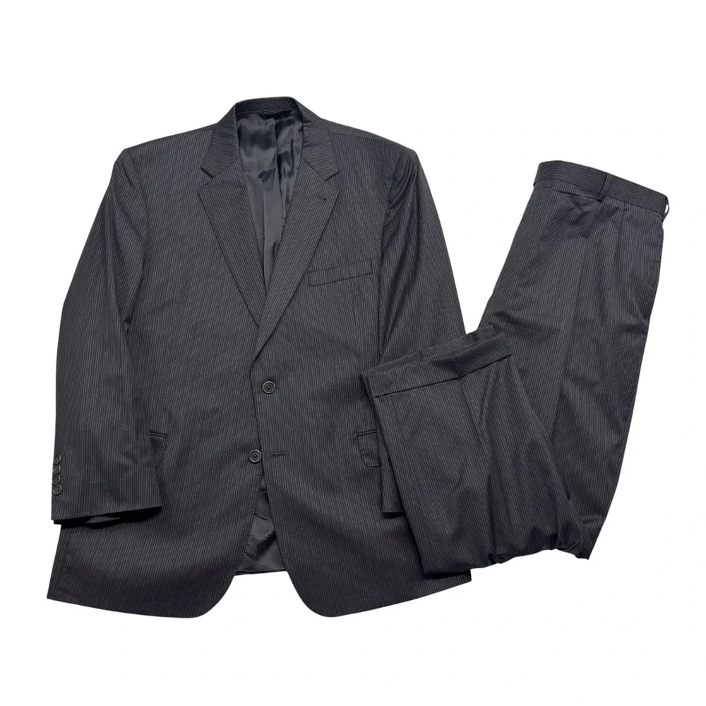 Jos A Bank 46R 40x32 Charcoal Pinstripe 2pc Pant Suit Signature Gold Pleated